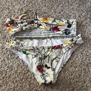 Gucci White Floral Bandeau Bikini Set with Pink and Green Accents